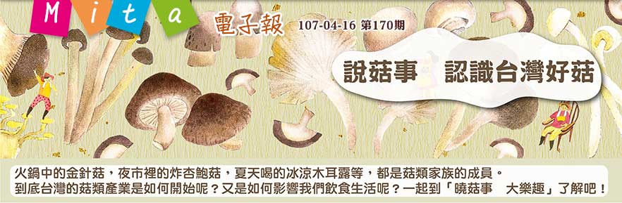 說菇事認識台灣好菇，火鍋中的金針菇，夜市裡的炸杏鮑菇，夏天喝的冰涼木耳露等，都是菇類家族的成員。到底台灣的菇類產業是如何開始呢？又是如何影響我們飲食生活呢？一起到「曉菇事　大樂趣」了解吧！