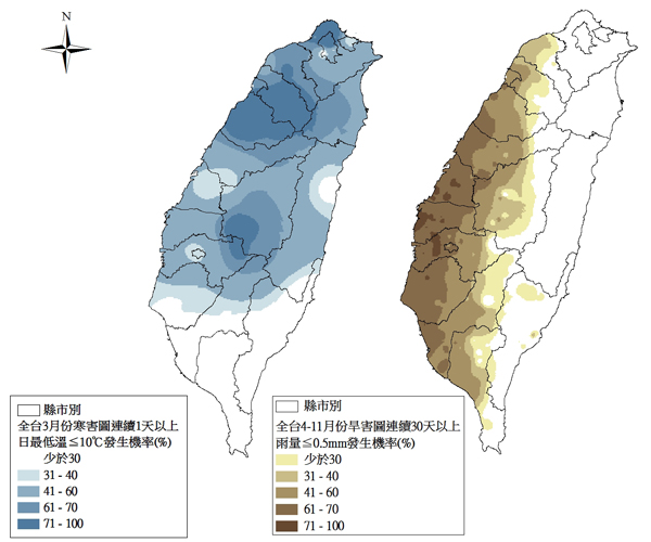 圖4、茶園氣象災害因應防護決策支援系統規劃臺灣各月份災害發生機率分布圖，提供高山及平地茶區農友規劃防災參考
