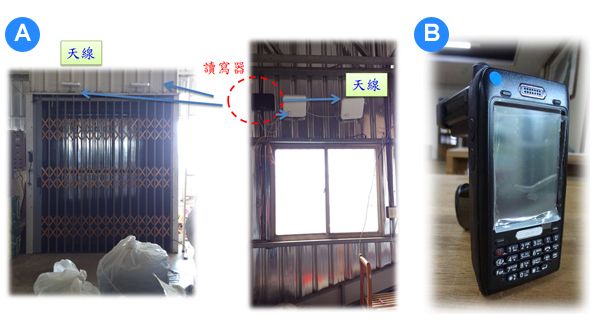 圖3、(A) 將固定式 RFID 感應讀寫器安裝於倉庫出入口兩側，當掛有 RFID 晶片標籤之茶葉產品進出倉庫時即可被感應器偵測到。(B) 手持式 RFID 感應器可於加工現場進行操作，使用無線網路和資料庫主機進行連線及資料傳輸。