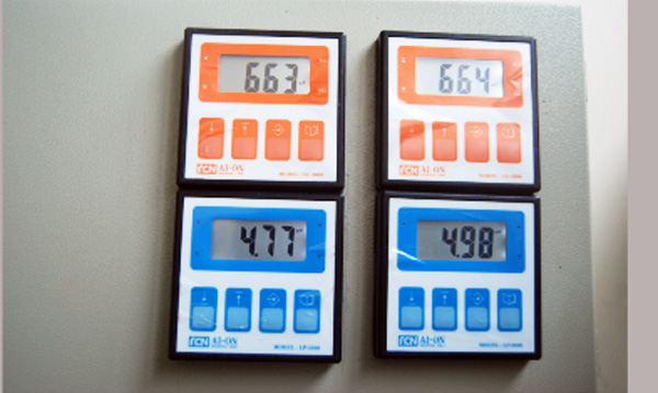 圖1、設 EC (上方) 值及pH值 (下方) 各2組監測組，可彼此對照是否異常