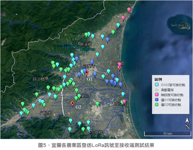 圖5、宜蘭大學生物資源大樓頂樓海拔約54公尺(G1)、行政院農委會花蓮區農業改良場蘭陽分場行政大樓頂樓海拔約35公尺(G2)