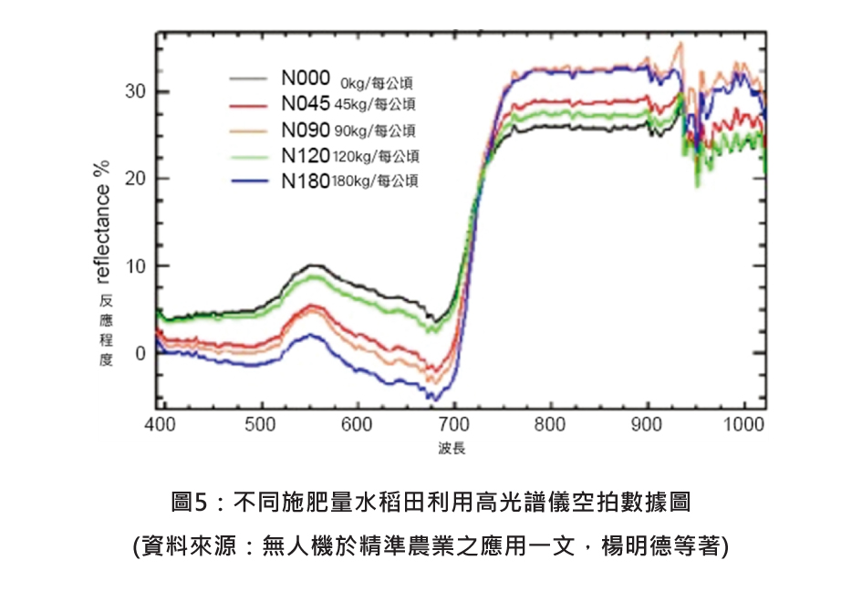 圖5：不同施肥量水稻田利用高光譜儀空拍數據圖