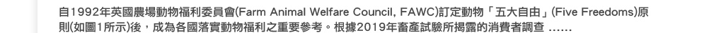 ��1992�~�^��A���ʪ��֧Q�e���|(Farm Animal Welfare Council, FAWC)�q�w�ʪ��u���j�ۥѡv(Five Freedoms)��h(�p��1�ҥ�)��A�����U�긨��ʪ��֧Q�����n�ѦҡC�ھ�2019�~�b������Ҵ��S�����O�̽լd......