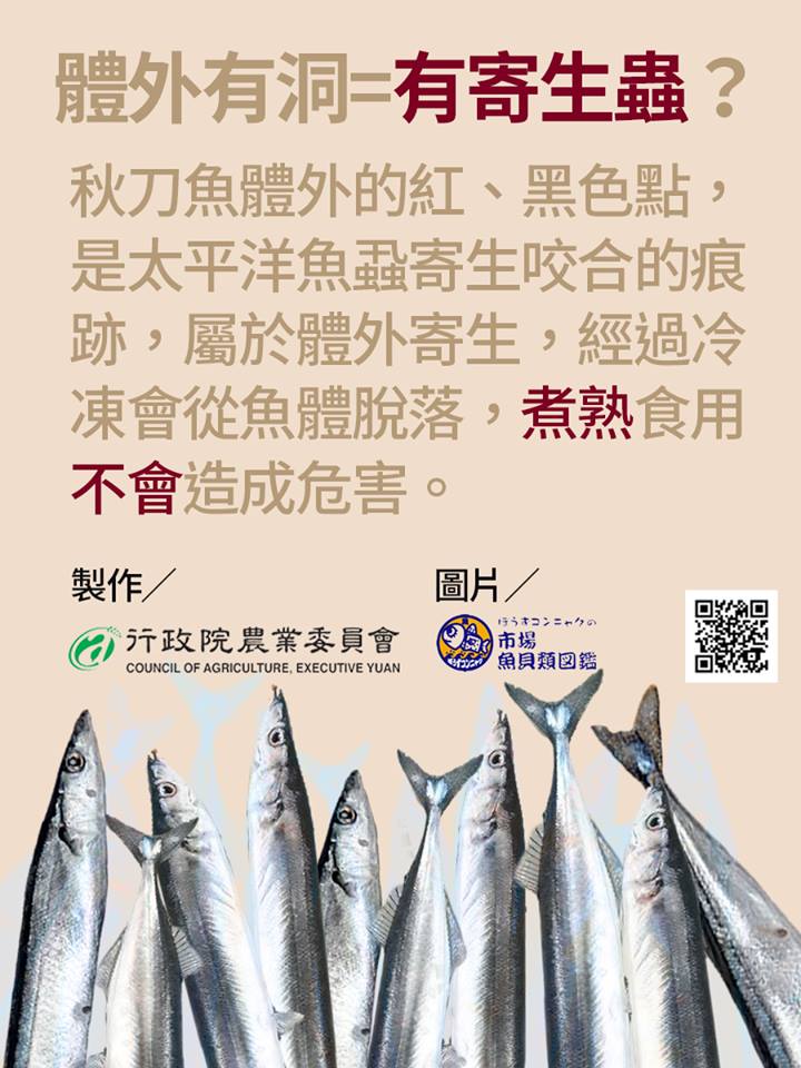 體外有洞＝有寄生蟲？秋刀魚體外的紅、黑色點，是太平洋魚蝨寄生咬合的痕跡，屬於體外寄生，經過冷凍會從魚體脫落，煮熟食用不會造成危害。