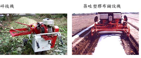 左：碎枝機、右：築畦塑膠布鋪設機