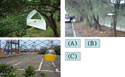 圖2、各偵測資材及其懸掛情形: (A)傑克森氏誘蟲器；(B)翼形誘蟲器；(C)麥氏誘蟲器