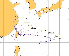 圖 1 莫拉克颱風之路徑 ( 指標表示時間 (UTC)、移速及最大風速 )