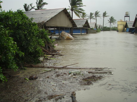 積水嚴重的養豬場，連飼料筒都快沒頂了（照片提供／屏東養豬協會） 
