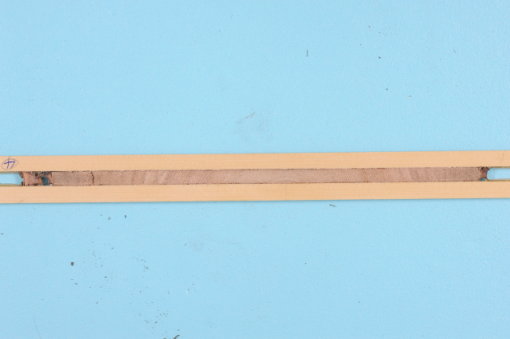 蓮霧果樹（No.4）的木材樹輪密度圖譜（上圖，實線為重建的密度圖譜）及樹芯掃描試片（下圖）