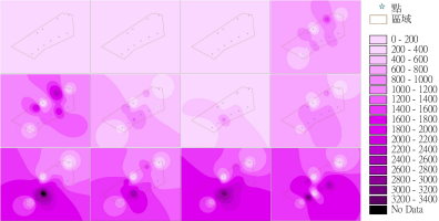 圖 4 利用 WSN 感測技術於彰化縣員林鎮番石榴園所得到區域內不同時期（民國 100 年 6 月 2 日 ~11 月 3 日 ，每張圖相隔大約兩週，順序由左而右、由上而下 ）東方果實蠅之蟲數變化情況 