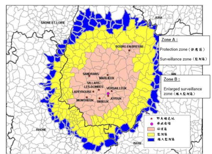 圖 4 法國 2006 年爆發禽流感之區域化案例(資料來源: Mr. T. PAVIE 簡報) 圖 4 法國 2006 年爆發禽流感之區域化案例(資料來源: Mr. T. PAVIE 簡報)