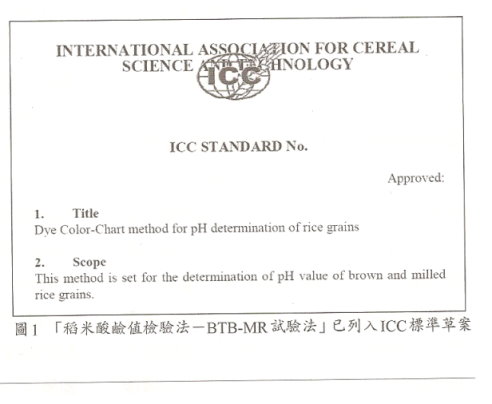 圖1 「稻米酸鹼值檢驗法－ BTB-MR 試驗法」已列入 ICC 標準草案 