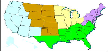 圖 2 國家植物診斷網之全國五大區域中心由左至右：西區（藍）加州大學戴維斯分校、大平原區（棕）堪薩斯州立大學、北區（黃）密西根州立大學、東北區（紫）康乃爾大學及南區（綠）佛羅里達大學等 