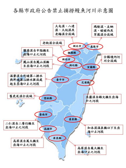 各縣市政府公告禁止捕撈鰻魚河川示意圖