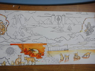 駐村的虎尾科大學生（右）與初步完成夢想牆面的手稿（左）