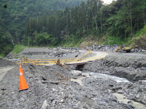 圖 2 　扇平一號橋及後方扇平溪淤積狀況 