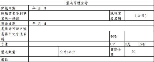 表二 製造農藥原體:本表於農藥登記管理系統中填寫,由於系統中部分欄位係下拉式選單或可直接帶入,本表格為填寫內容之示意。 表二 製造農藥原體:本表於農藥登記管理系統中填寫,由於系統中部分欄位係下拉式選單或可直接帶入,本表格為填寫內容之示意。
