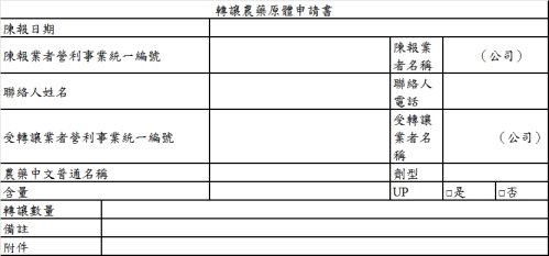 附件五 轉讓農藥原體:本表於農藥登記管理系統中填寫,由於系統中部分欄位係下拉式選單或可直接帶入,本表格為填寫內容之示意。 附件五 轉讓農藥原體:本表於農藥登記管理系統中填寫,由於系統中部分欄位係下拉式選單或可直接帶入,本表格為填寫內容之示意。