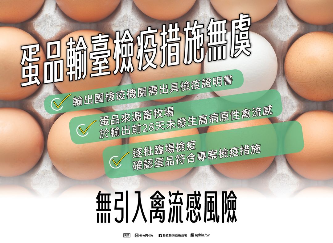 專案進口巴西非疫畜牧場蛋品，輸臺檢疫措施無虞