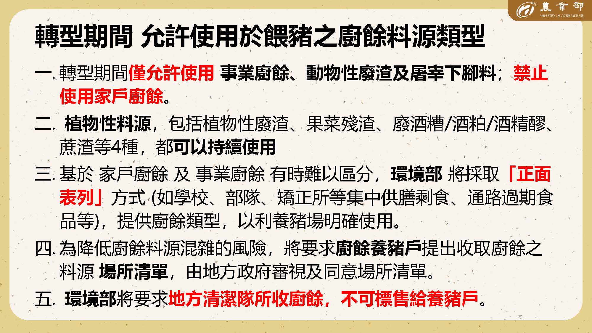 轉型期間 允許使用於餵豬之廚餘料源類型